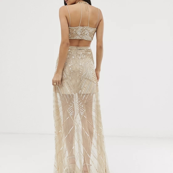 ASOS Retired Gold Sequin Cut Out Prom Evening Gown Dress Tall Size 14 - Picture 3 of 11